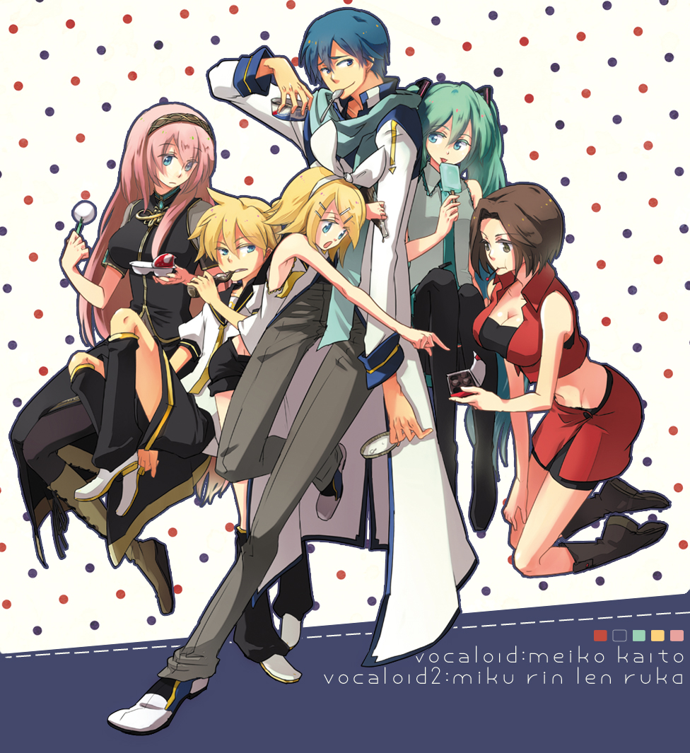 2boys, 4girls, aqua_eyes, aqua_hair, blonde_hair, blue_eyes, boots, brown_eyes