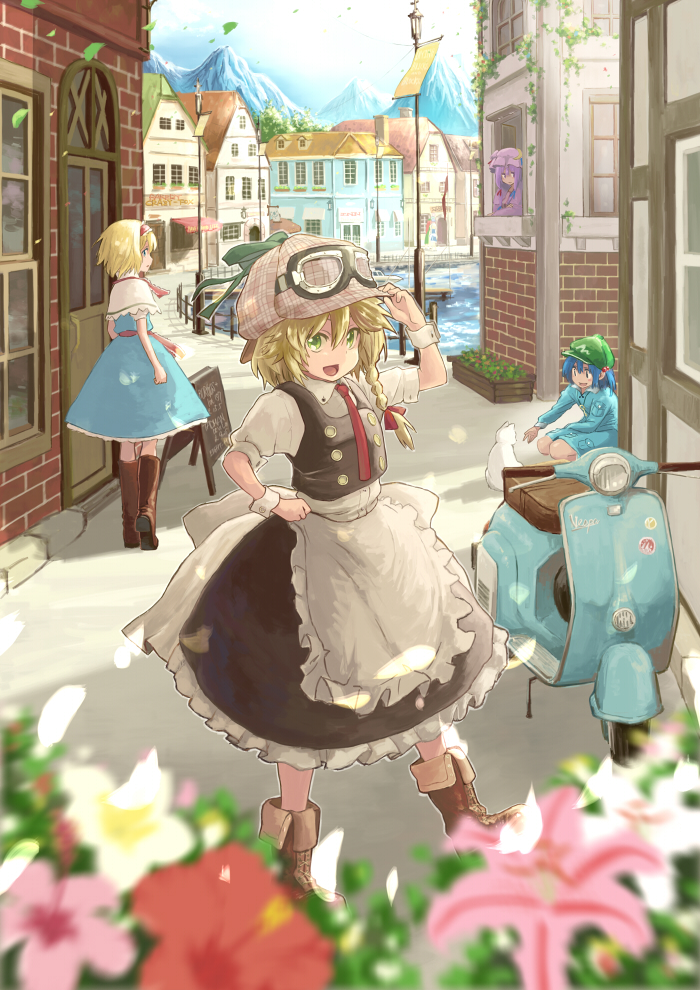alice_margatroid, alternate_headwear, animal, apron, blonde_hair, blue_eyes, blue_hair, boat