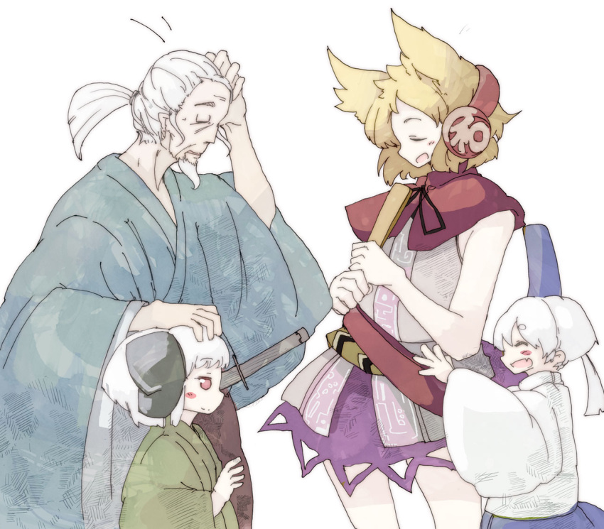 3girls, baton, beard, blonde_hair, blush, child, closed_eyes, daruia_(sabitare)