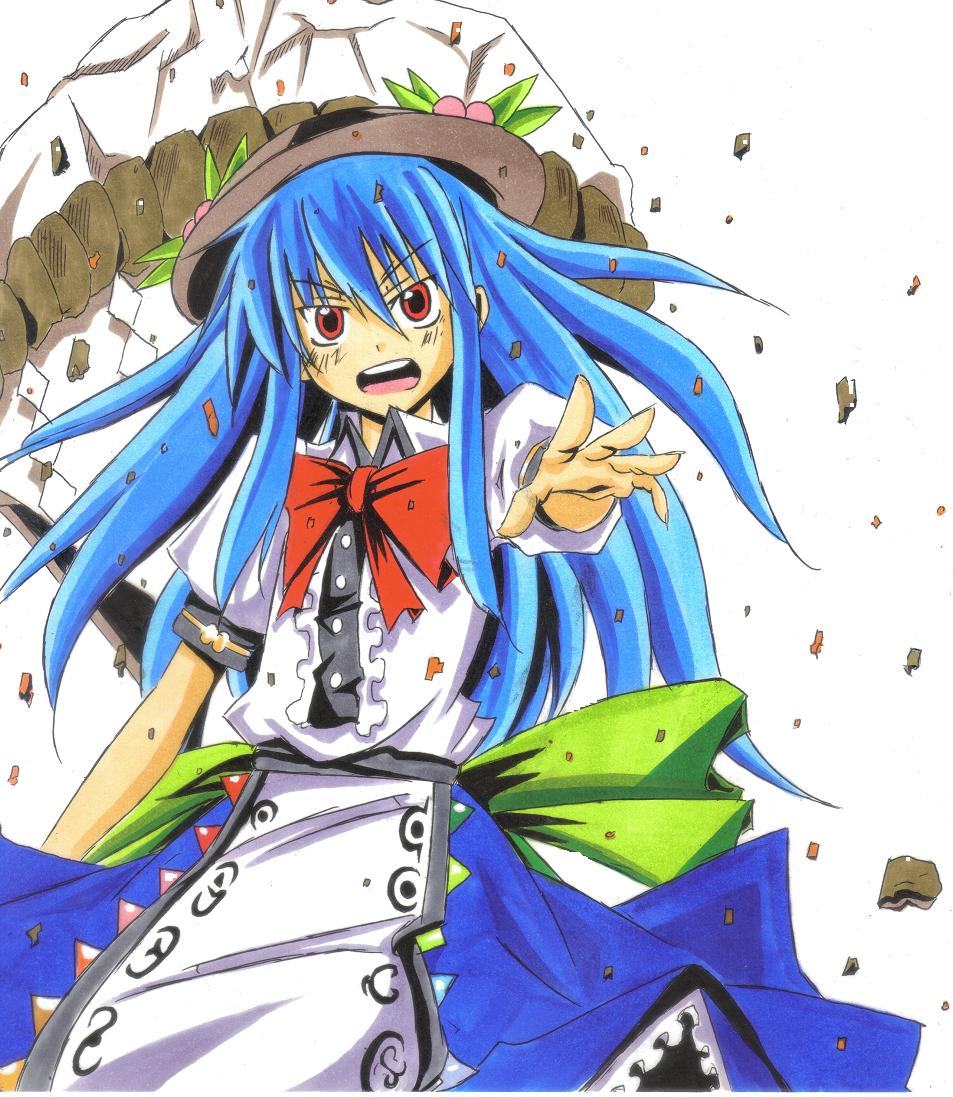 blue_hair, bow, crim0718, hat, hinanawi_tenshi, keystone, long_hair, open_mouth