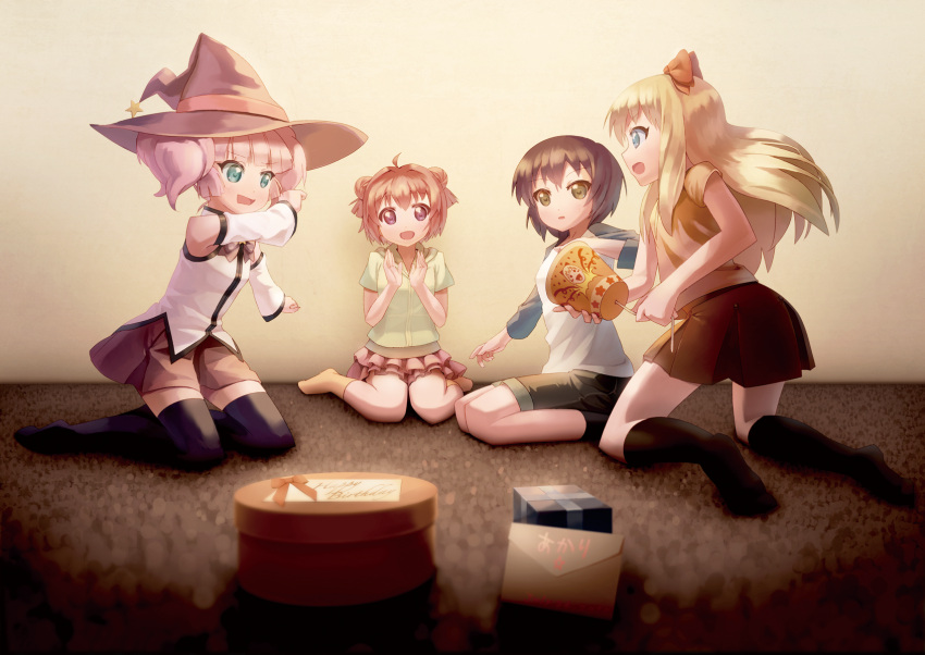 :d, ahoge, akaza_akari, birthday, birthday_card, black_hair, black_legwear, blonde_hair, blue_eyes, bow, brown_eyes, casual, detached_sleeves, double_bun, funami_yui, gift, hair_bow, hair_bun, hat, highres, jet-waltz, kneeling, mirakurun, mirakurun_(cosplay), multiple_girls, open_mouth, pink_hair, purple_eyes, red_hair, redhead, short_hair, shorts, sitting, skirt, smile, thigh-highs, thighhighs, toshinou_kyouko, violet_eyes, wariza, witch_hat, yellow_legwear, yoshikawa_chinatsu, yuru_yuri, zettai_ryouiki