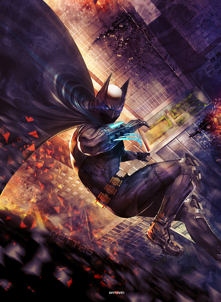 1boy, batman, batman_(series), belt, blade, cape, city, dc_comics, epic, gloves, glowing, glowing_eyes, male, mask, realistic, rettag, science_fiction, shattered_glass, solo, utility_belt