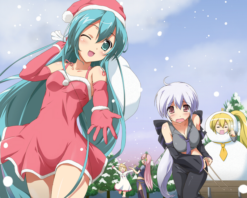 >_<, akita_neru, aqua_eyes, aqua_hair, blonde_hair, blush, brown_eyes, detached_sleeves