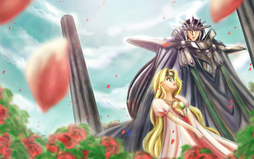 1boy, 1girl, armor, black_hair, blonde_hair, blue_eyes, cape, cloak