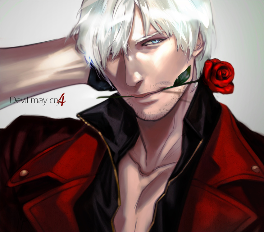 1boy, blue_eyes, cross_(togano), dante, dante_(devil_may_cry), devil_may_cry_(series), devil_may_cry_4, flower, male, mouth_hold, realistic, red_rose, rose, solo, white_hair