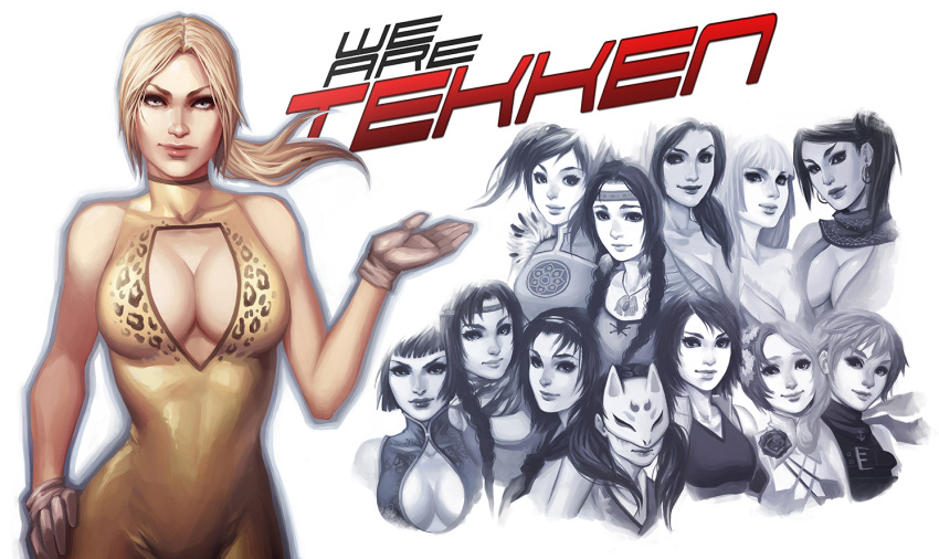 13girls, alisa_boskonovich, alisa_boskonovitch, android, anna_williams, bare_shoulders, blonde_hair, bodysuit, braid, breasts, chinese_clothes, christie_monteiro, cleavage, cleavage_cutout, daimida, eleonore_kliesen, emilie_de_rochefort, fox_mask, gloves, hairband, hand_on_another's_head, headband, headdress, hime_cut, julia_chang, kazama_asuka, kazama_jun, kunimitsu_(tekken), large_breasts, ling_xiaoyu, lips, long_hair, mask, michelle_chang, multicolored_hair, multiple_girls, native_american_headdress, nina_williams, ponytail, portrait, scarf, short_hair, side_ponytail, smile, tekken, tekken_tag_tournament_2, twintails, two-tone_hair, unitard, zafina