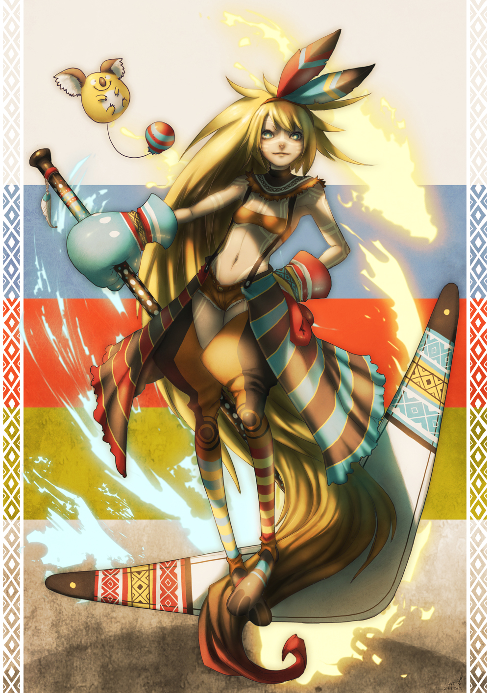 bandeau, blonde_hair, blue_eyes, boomerang, boxing_gloves, facepaint, feathers, hairband