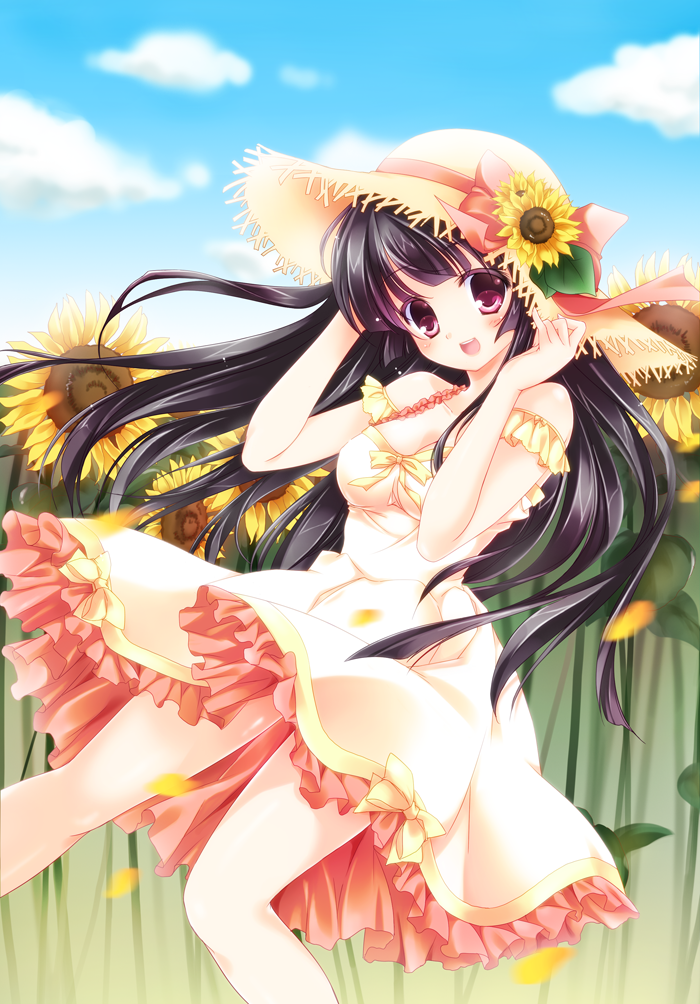 :d, black_hair, blush, dress, flower, flower_field, hair_ribbon, hat