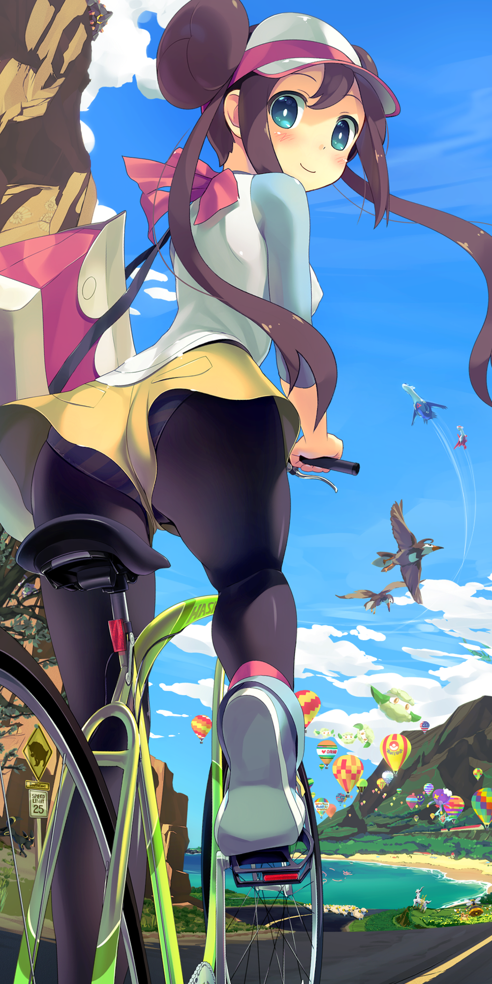 aipom, arceus, ass, bag, beach, bicycle, bird, blue_eyes, blush, boldore, bouffalant, brown_hair, character_request, cliff, cloud, clouds, combee, cottonee, double_bun, drifblim, flying, fossil, from_behind, futago_monad, highres, hot_air_balloon, kyogre, latias, latios, legs, legwear_under_shorts, long_hair, long_image, looking_back, mareep, mei_(pokemon), mountain, ocean, panties, panties_under_pantyhose, panty_slip, pantyhose, pokemon, pokemon_(game), pokemon_bw2, raglan_sleeves, rayquaza, rotom, sheep, shorts, sky, smile, solo, staravia, striped, striped_panties, tall_image, twintails, umbreon, underwear, vespiquen, visor_cap, water