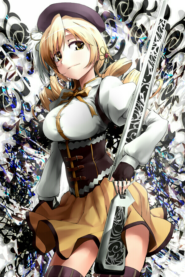 beret, black_gloves, black_legwear, blonde_hair, breasts, brown_legwear, corset, drill_hair