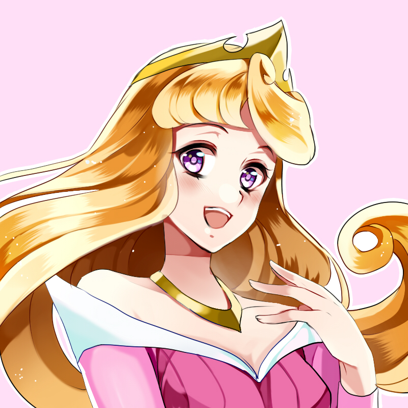1girl, :d, aurora_(disney), blonde_hair, disney, kurabayashi, open_mouth, princess