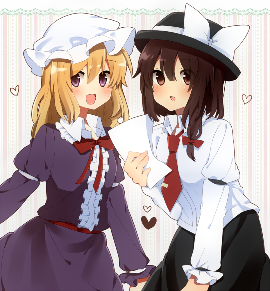 blonde_hair, blush, bow, brown_eyes, brown_hair, hat, hat_bow, heart