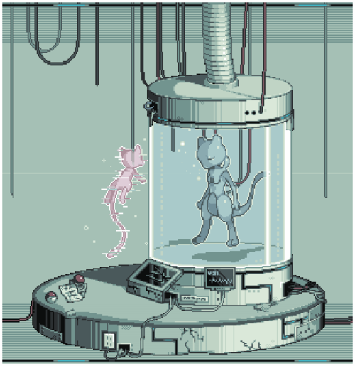 artist_request, bad_id, creature, curious, eyes_closed, machine, mew, mewtwo, naname_(fossama1), no_humans, pixel_art, poke_ball, pokemon, sleeping, stasis_tank, tail