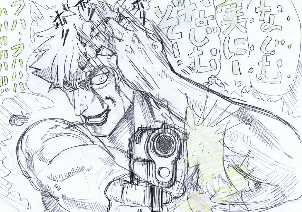 blood, bullet, dio_brando, emiya_kiritsugu, fate/zero, fate_(series), graphite_(medium), gun