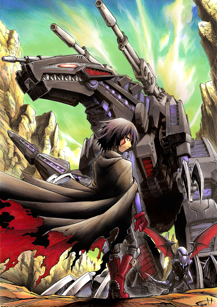 cloak, facial_mark, genosaurer, gloves, male, mecha, raven_(zoids), robot