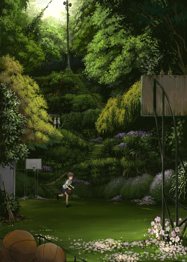 bad_id, basketball, basketball_hoop, brown_hair, domo1220, flower, male, multiple_boys