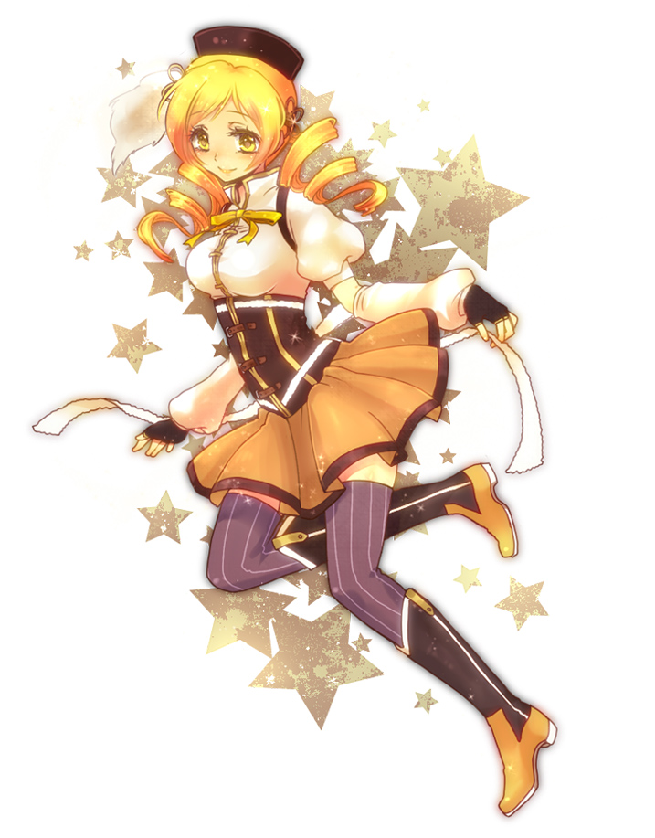 beret, blonde_hair, boots, corset, detached_sleeves, drill_hair, fingerless_gloves, gloves