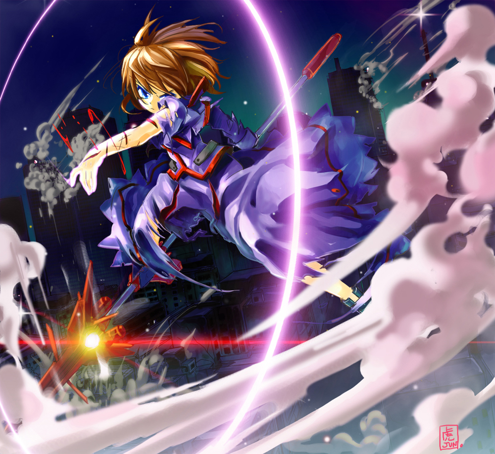 blue_eyes, brown_hair, city, glowing, injury, luciferion, lyrical_nanoha, mahou_shoujo_lyrical_nanoha