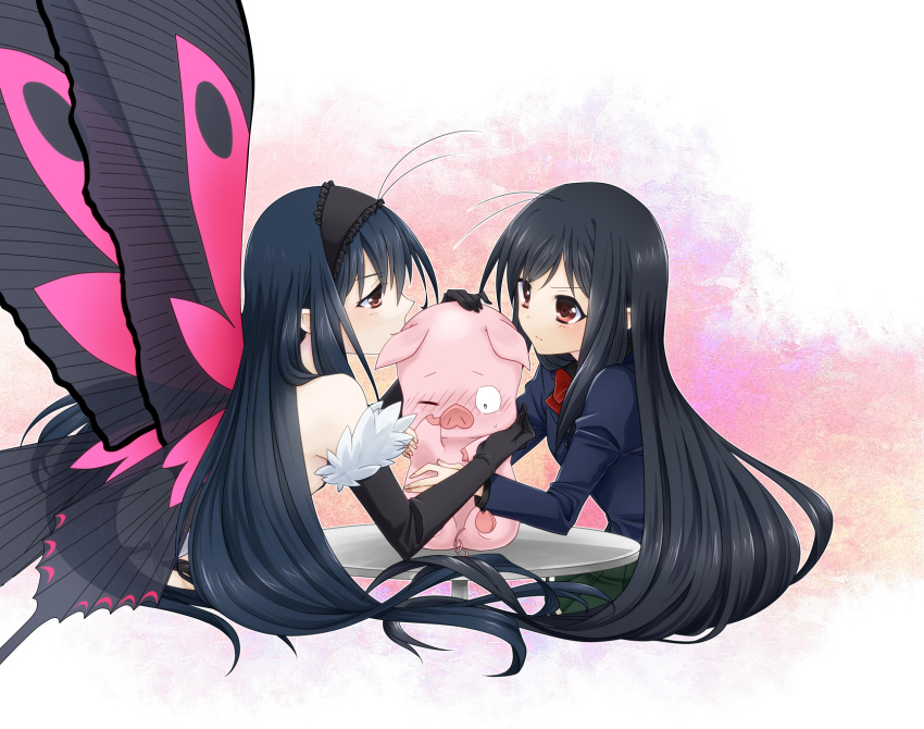antenna_hair, arita_haruyuki, bare_shoulders, black_hair, blush, brown_eyes, butterfly_wings, dual_persona