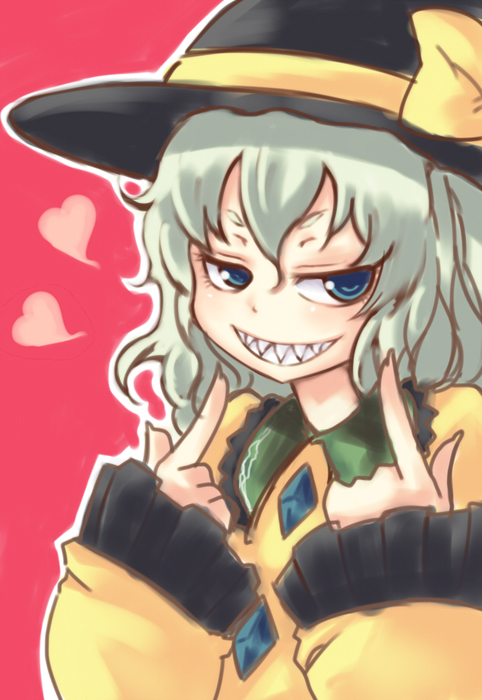 blue_eyes, bow, crystal, green_hair, grin, hat, hat_bow, heart