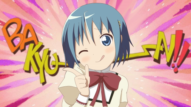 ;q, blue_eyes, blue_hair, bow, hair_ornament, hairclip, lowres, mahou_shoujo_madoka_magica, mametti, miki_sayaka, parody, school_uniform, short_hair, smile, solo, tongue, wink, yuru_yuri
