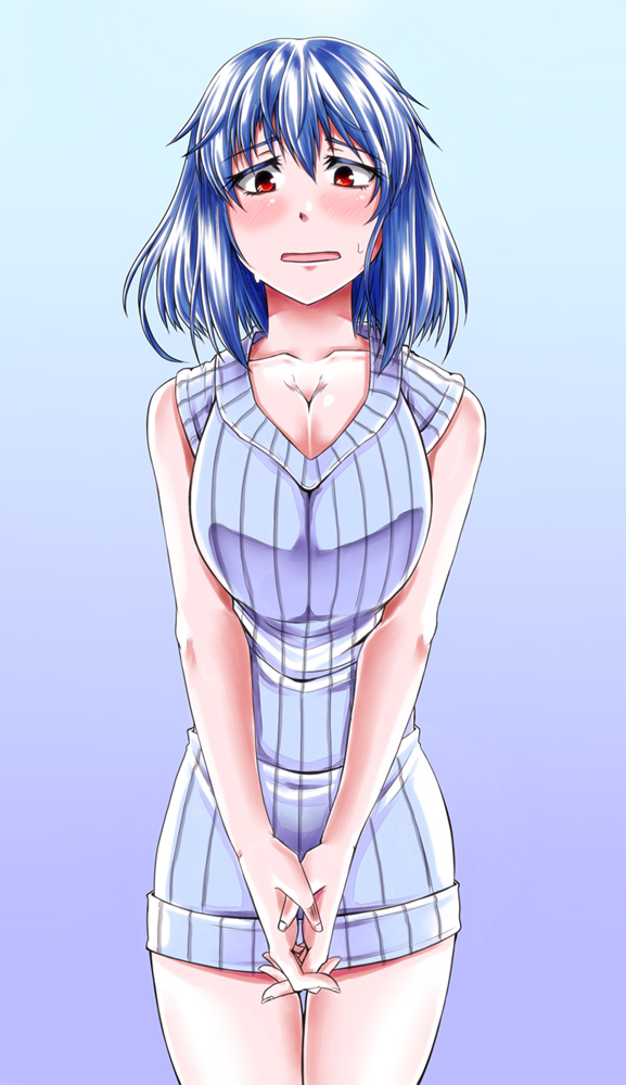 alternate_costume, blue_hair, blush, bottomless, breasts, cleavage, collarbone, kuon846