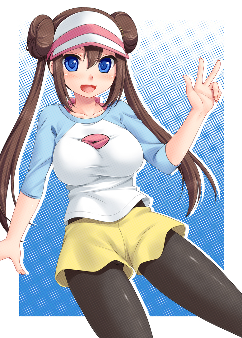 blue_eyes, blush, brown_hair, hair_bun, hazuki_(etcxetc), legwear_under_shorts, looking_at_viewer, mei_(pokemon)