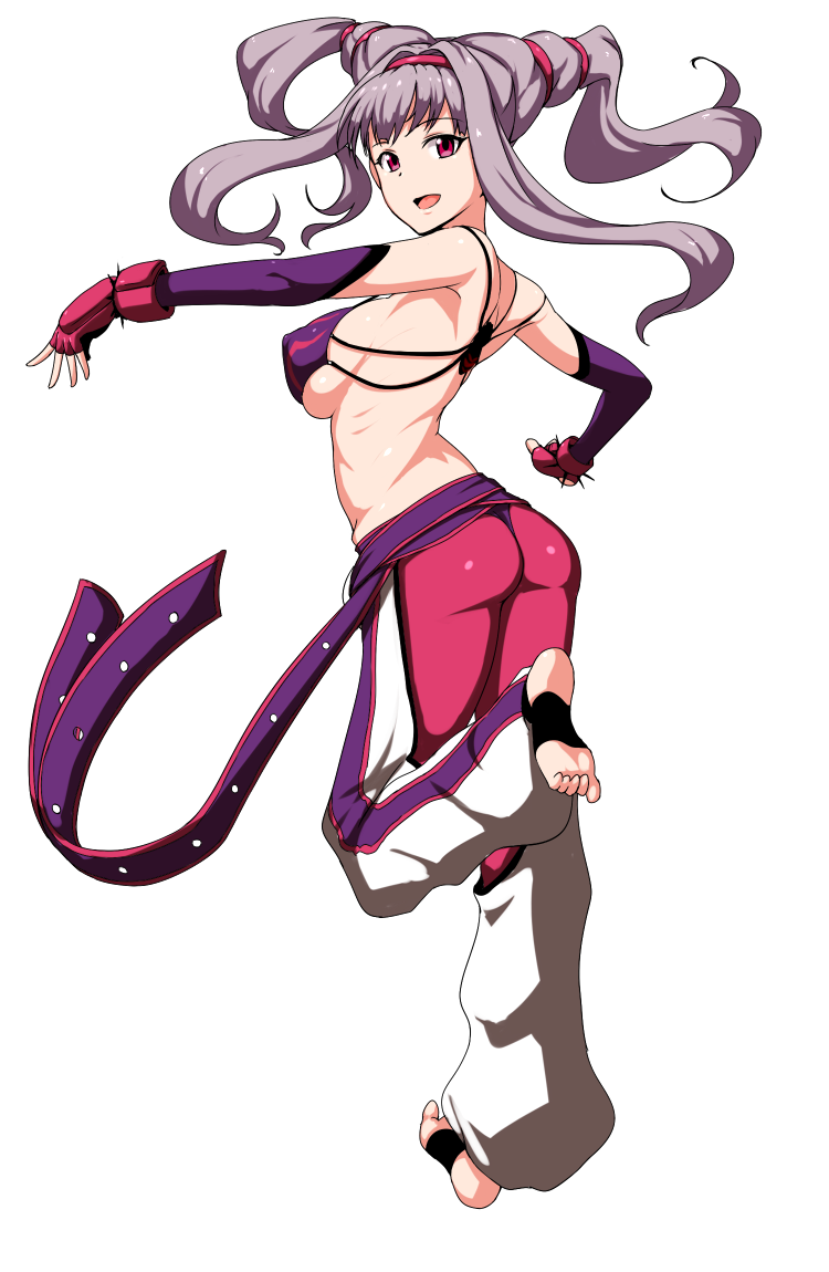 ass, bare_shoulders, barefoot, breasts, clearite, cosplay, feet, fingerless_gloves