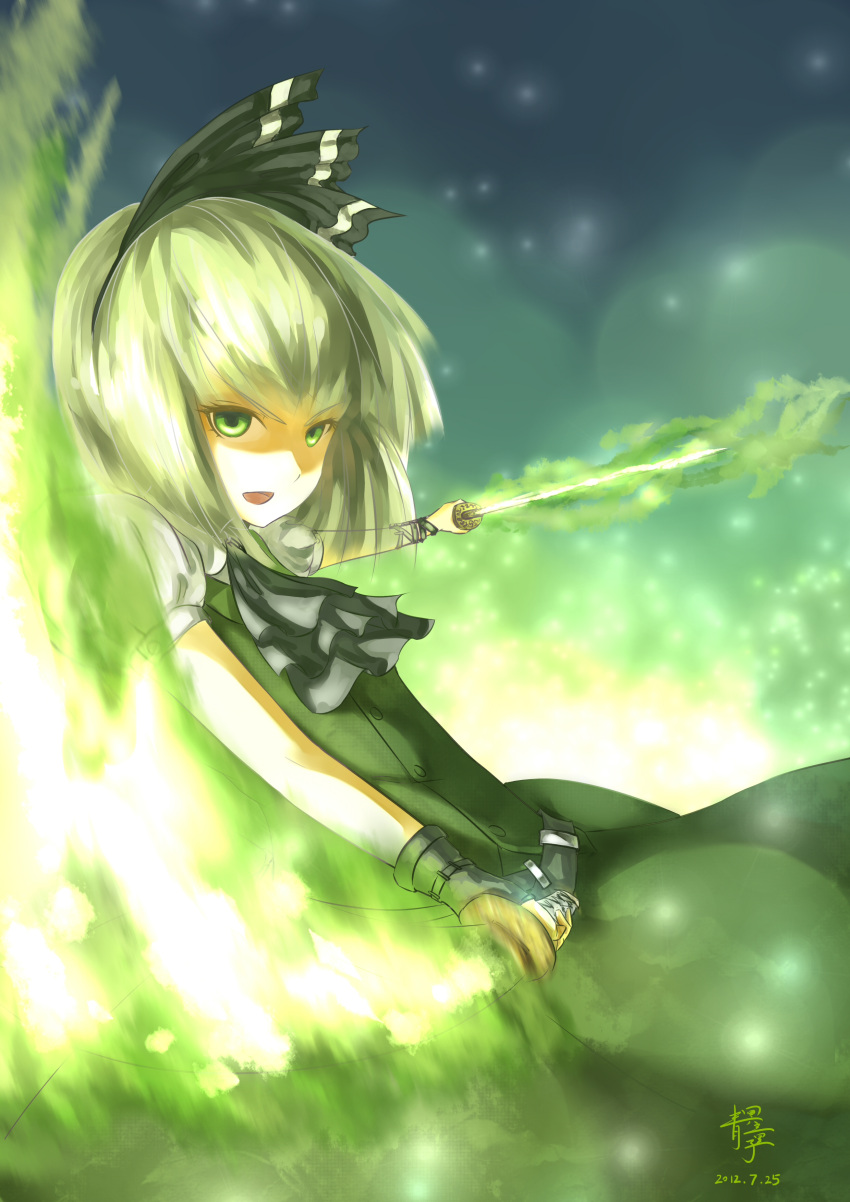 absurdres, ascot, dual_wielding, fingerless_gloves, gloves, hair_ribbon, hairband, highres, konpaku_youmu, night, open_mouth, puffy_sleeves, ribbon, short_hair, short_sleeves, silver_hair, sky, sleeveless_gloves, solo, star, sword, touhou, weapon
