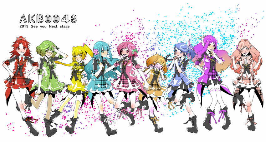 akb0048, aqua_hair, blonde_hair, blush, brown_hair, flower, gradient_hair, green_hair