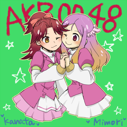2girls, akb0048, blush, gradient_hair, hand_holding, holding_hands, kishida_mimori, long_hair