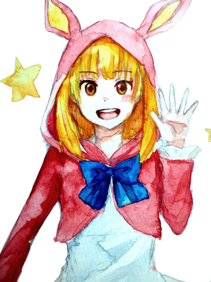 1girl, akb0048, animal_ears, blonde_hair, blush, bunny_ears, hoodie, jikasei