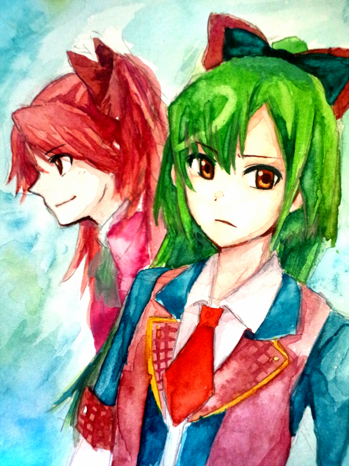 akb0048, artist_request, brown_eyes, green_hair, hair_ornament, hair_ribbon, jikasei, long_hair