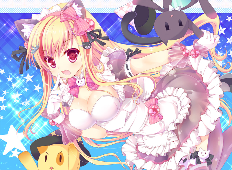 :d, animal_ears, beatmania, beatmania_iidx, blonde_hair, blush, breasts, cat