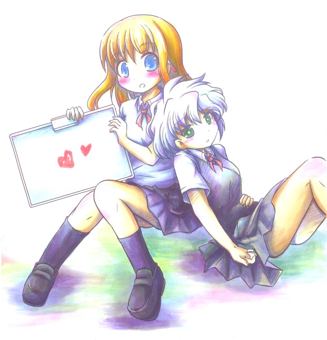 aislinn_wishart, blonde_hair, blue_eyes, blush, kosegawa_shiromi, lying, marker, multiple_girls, pen, saki, seruran, short_hair, sitting, white_hair