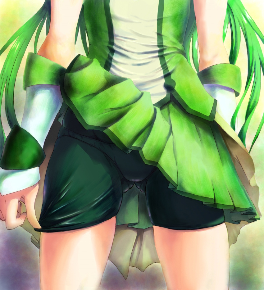 1girl, bike_shorts, cure_march, dress, green, green_bike_shorts, green_dress, green_hair