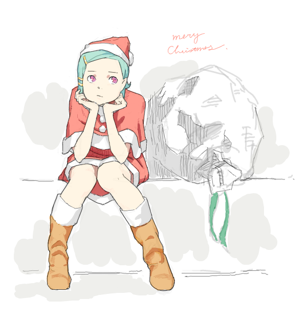 bag, boots, bored, capelet, chin_rest, christmas, eureka, eureka_7, eureka_seven, eureka_seven_(series), hair_ornament, hairclip, hat, mantelet, purple_eyes, sack, santa_costume, santa_hat, short_hair, sitting, solo, violet_eyes
