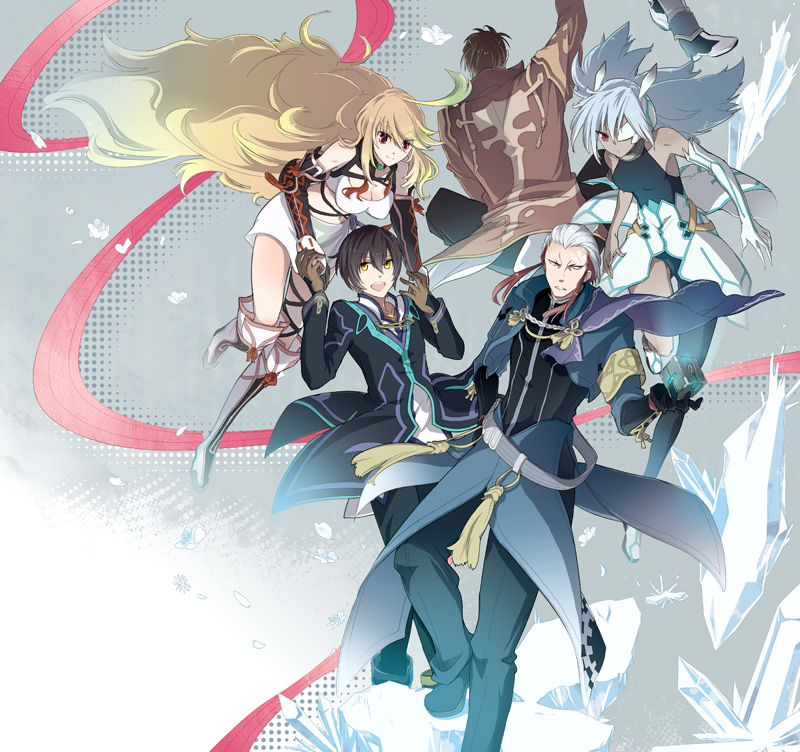3boys, ahoge, alvin_(tales_of_xillia), bandeau, black_hair, blonde_hair, boots, breasts, brown_hair, celsius, cleavage, coat, eyepatch, gloves, green_hair, grey_hair, ice, jirand, jude_mathis, long_hair, milla_maxwell, multicolored_hair, multiple_boys, multiple_girls, payot, red_eyes, red_hair, redhead, smile, tales_of_(series), tales_of_xillia, thigh-highs, thighhighs, two-tone_hair, yellow_eyes, yukimatsu