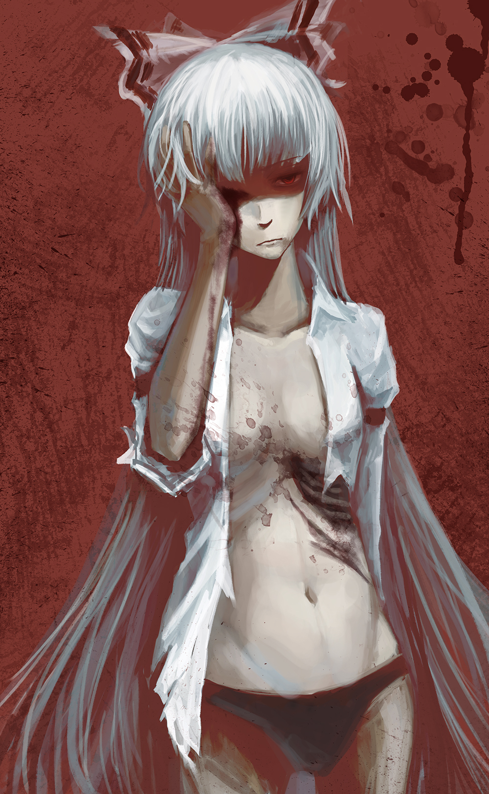 bad_id, black_panties, blood, bow, die_(artist), fujiwara_no_mokou, hair_bow, hand_on_own_face