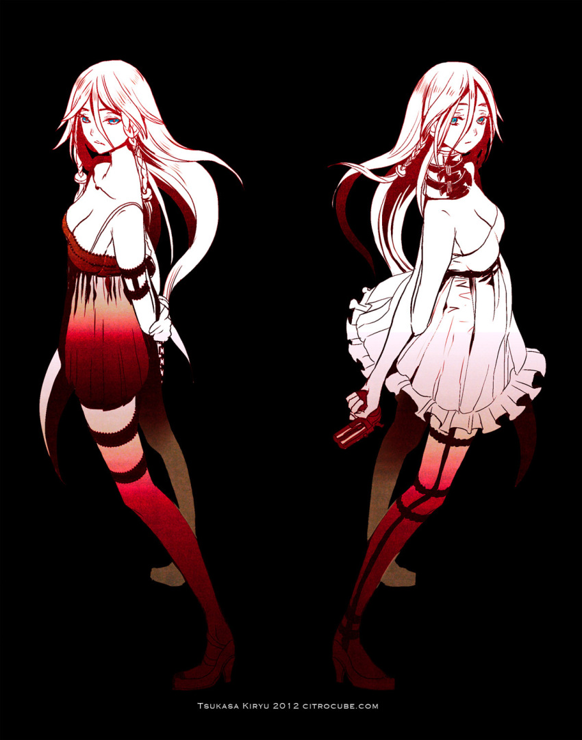 bare_shoulders, black_legwear, blue_eyes, braid, breasts, cleavage, dual_persona, gun, high_heels, highres, ia_(vocaloid), kiryuu_tsukasa_(citrocube), long_hair, multiple_girls, shoes, simple_background, thigh-highs, thighhighs, twin_braids, very_long_hair, vocaloid, weapon