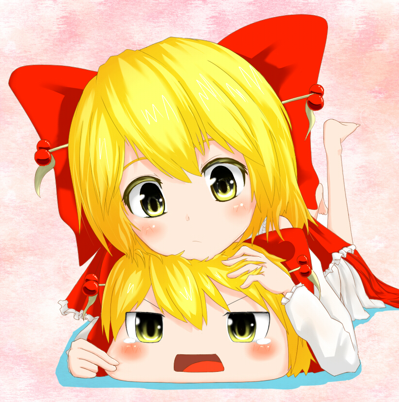 barefoot, blonde_hair, bow, hair_ornament, hair_ribbon, ribbon, satsuki_rin, taihentai, tears, touhou, yellow_eyes, yukkuri_shiteitte_ne