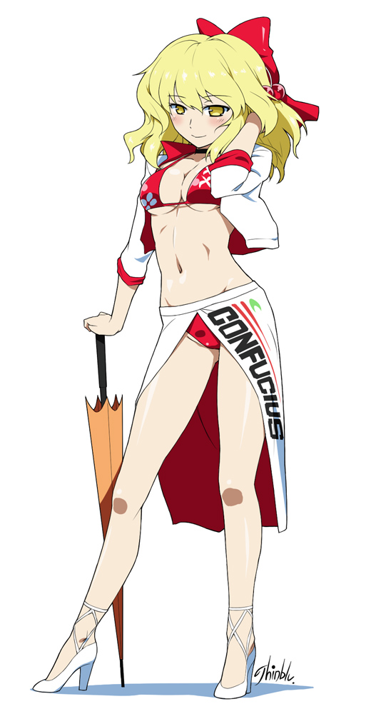 adapted_costume, ankles, bare_legs, bikini, bikini_top, blonde_hair, bow, breasts