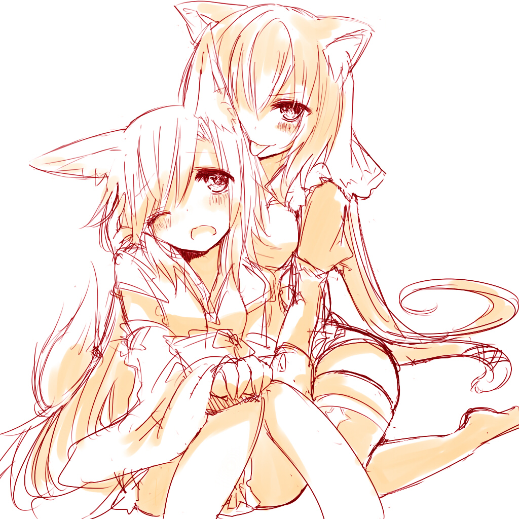akane_(naomi), animal_ears, blush, cat_ears, cat_tail, detached_sleeves, fox_ears, fox_tail