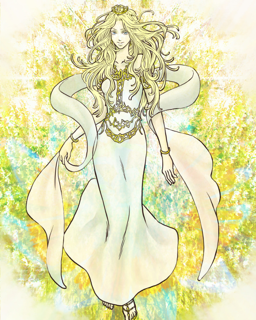 blonde_hair, blue_eyes, bracelet, cosmos_(dff), dissidia_final_fantasy, dress, final_fantasy, highres, jewelry, long_hair, sandals, sash, solo, wavy_hair, yuri_(freedom)