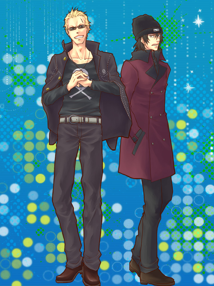aragaki_shinjirou, beanie, blonde_hair, brown_hair, crossover, hat, jacket_on_shoulders, male