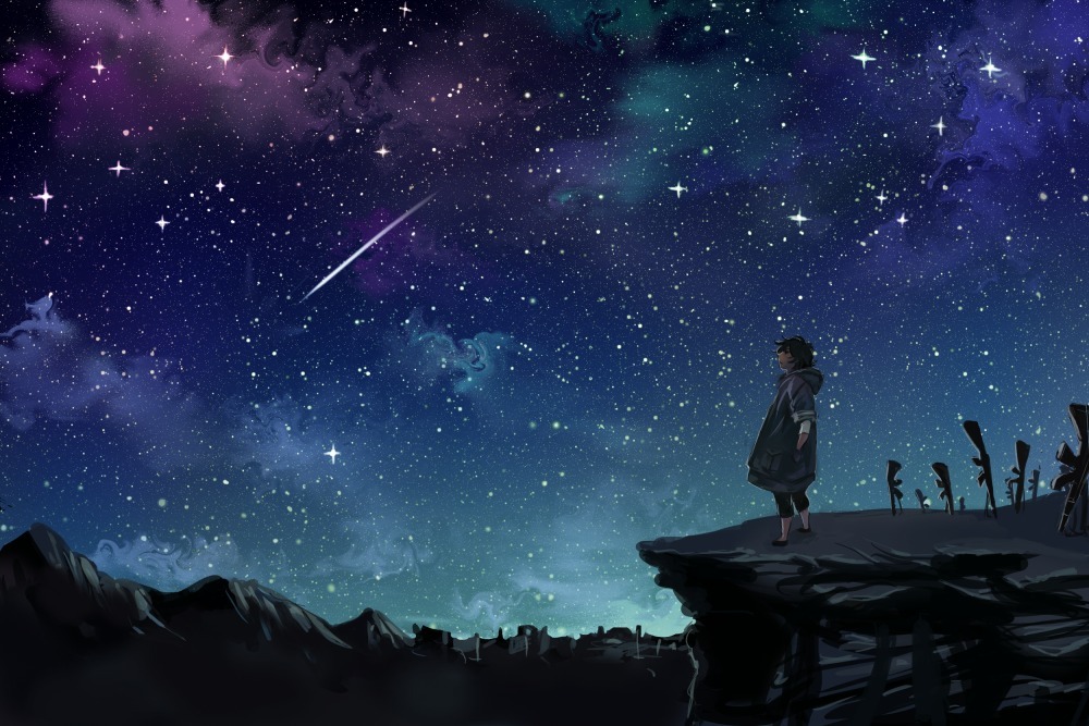 black_hair, cliff, gun, gundam, gundam_00, male, night, night_sky, planted_weapon, ris, scenery, setsuna_f_seiei, shooting_star, sky, solo, star_(sky), weapon