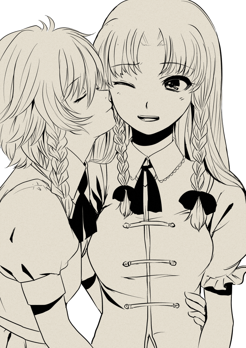 braid, bust, closed_eyes, eyes_closed, hong_meiling, izayoi_sakuya, kiss, long_hair