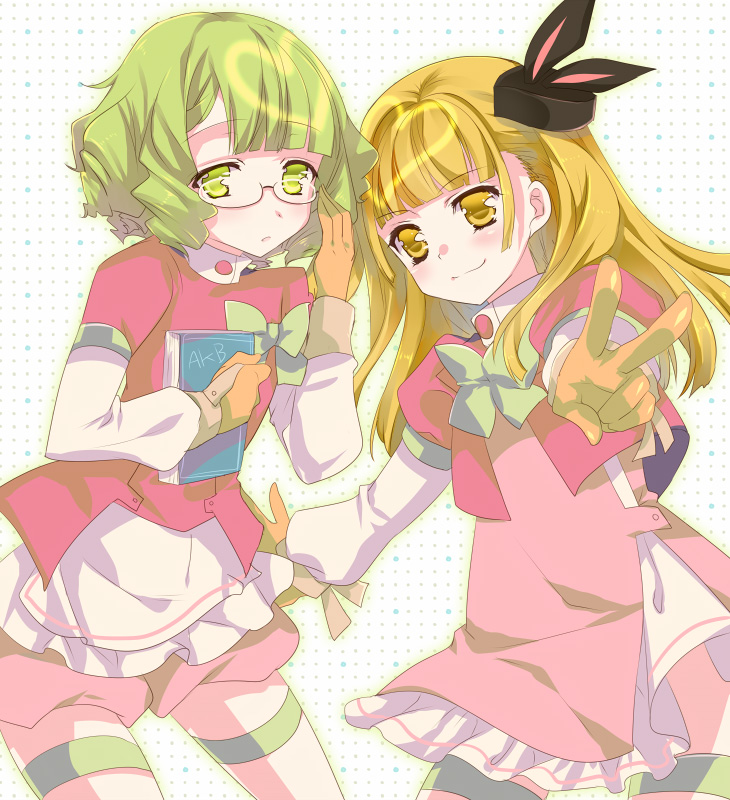 akb0048, animal_ears, blonde_hair, blush, book, bunny_ears, glasses, green_eyes