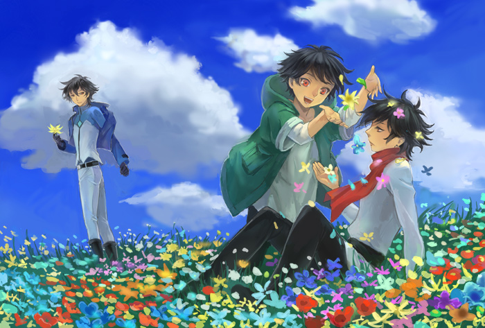 adult, black_hair, celestial_being_uniform, child, flower, flower_field, gundam, gundam_00