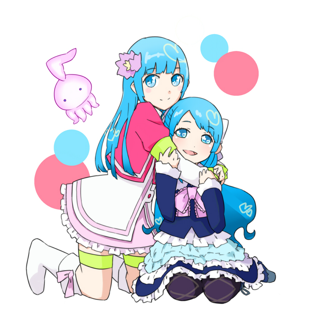 aqua_eyes, aqua_hair, blush, dual_persona, flower, hasuo, heart, hug